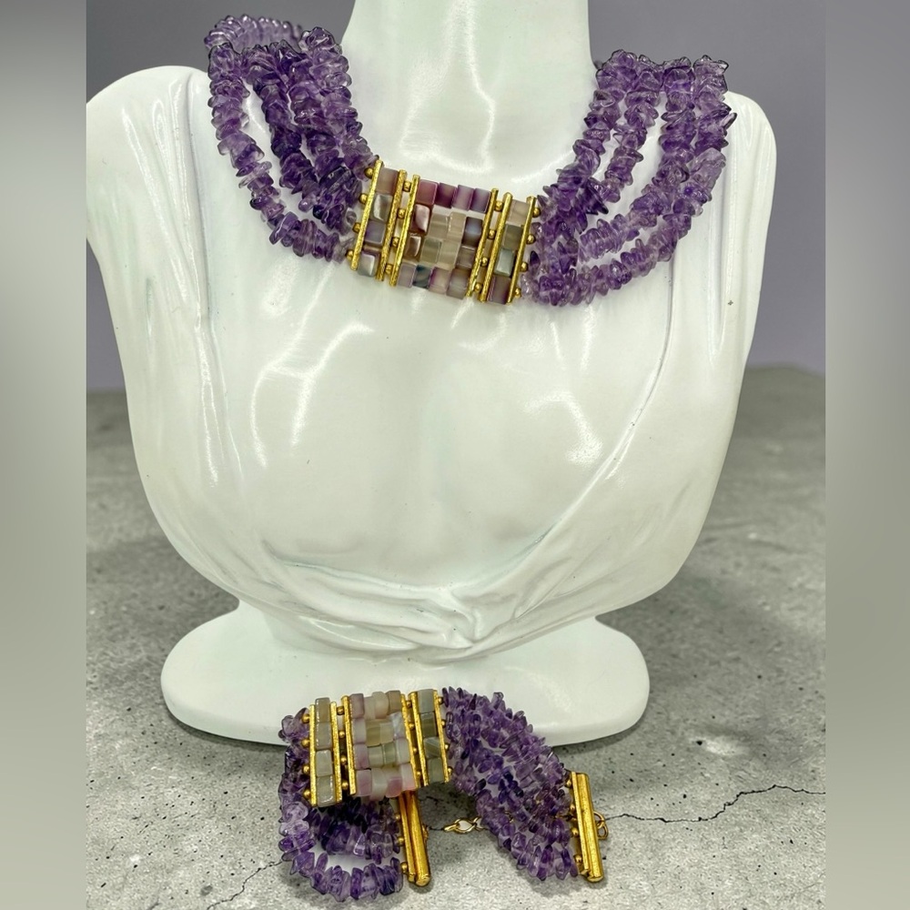 Amethyst Multi Strand Choker Necklace & Bracelet Set Mosaic Agate 161g Stunning - Picture 3 of 17